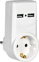 Адаптер с заземлением IEK Т-01/01 1-м+2xUSB тип A+A 2400мА белый картинка 